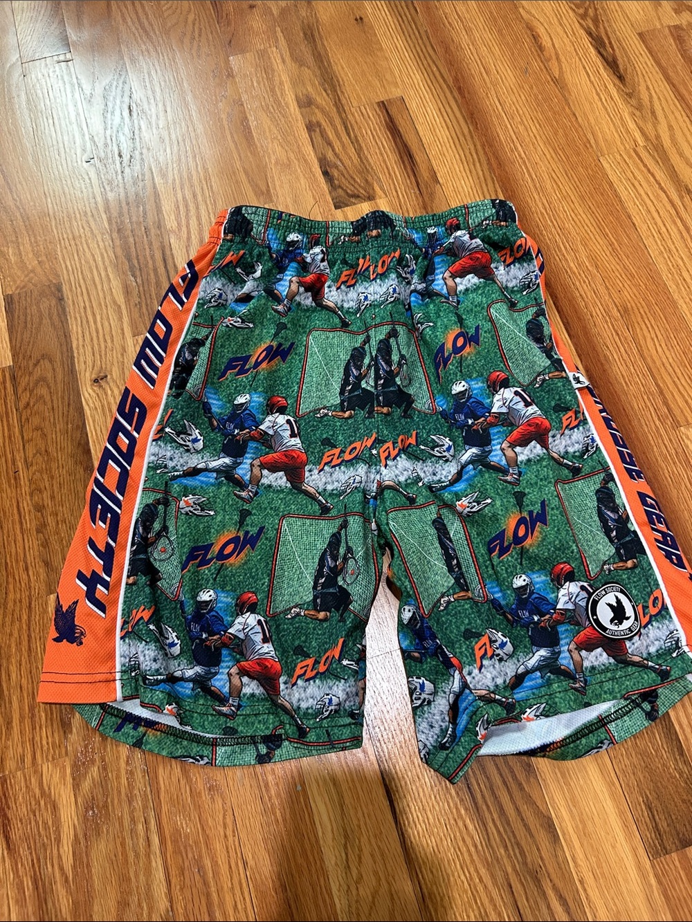 Flow Society Boys XL Lacrosse Print Athletic Shorts in Green & Orange